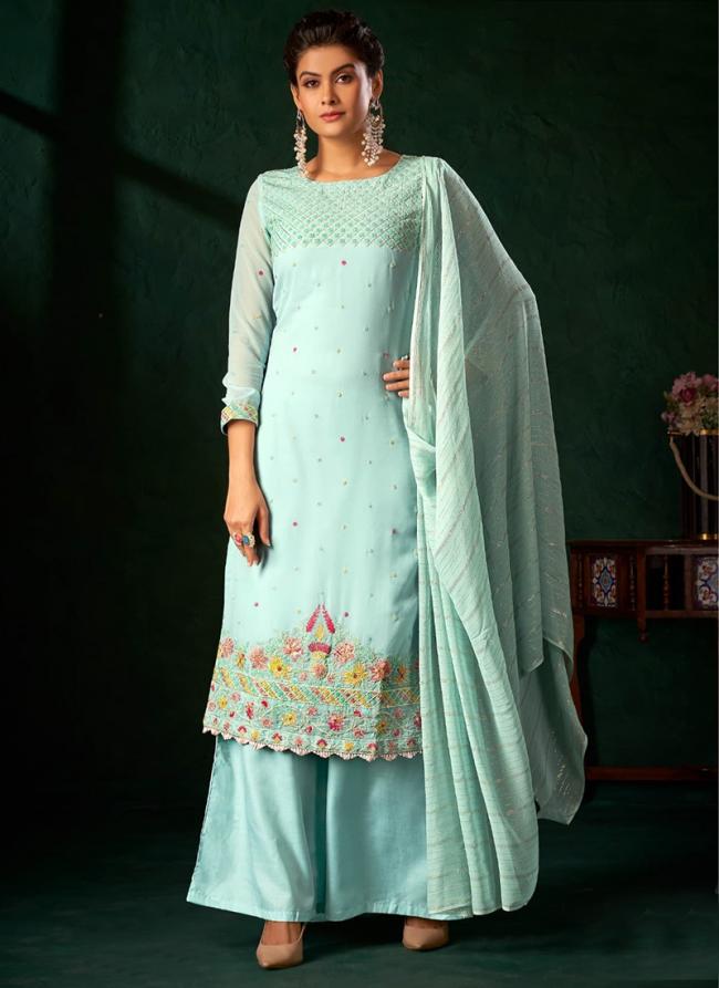 Pure Viscose Sky Blue Party Wear Khatli Work Plazzo Suit